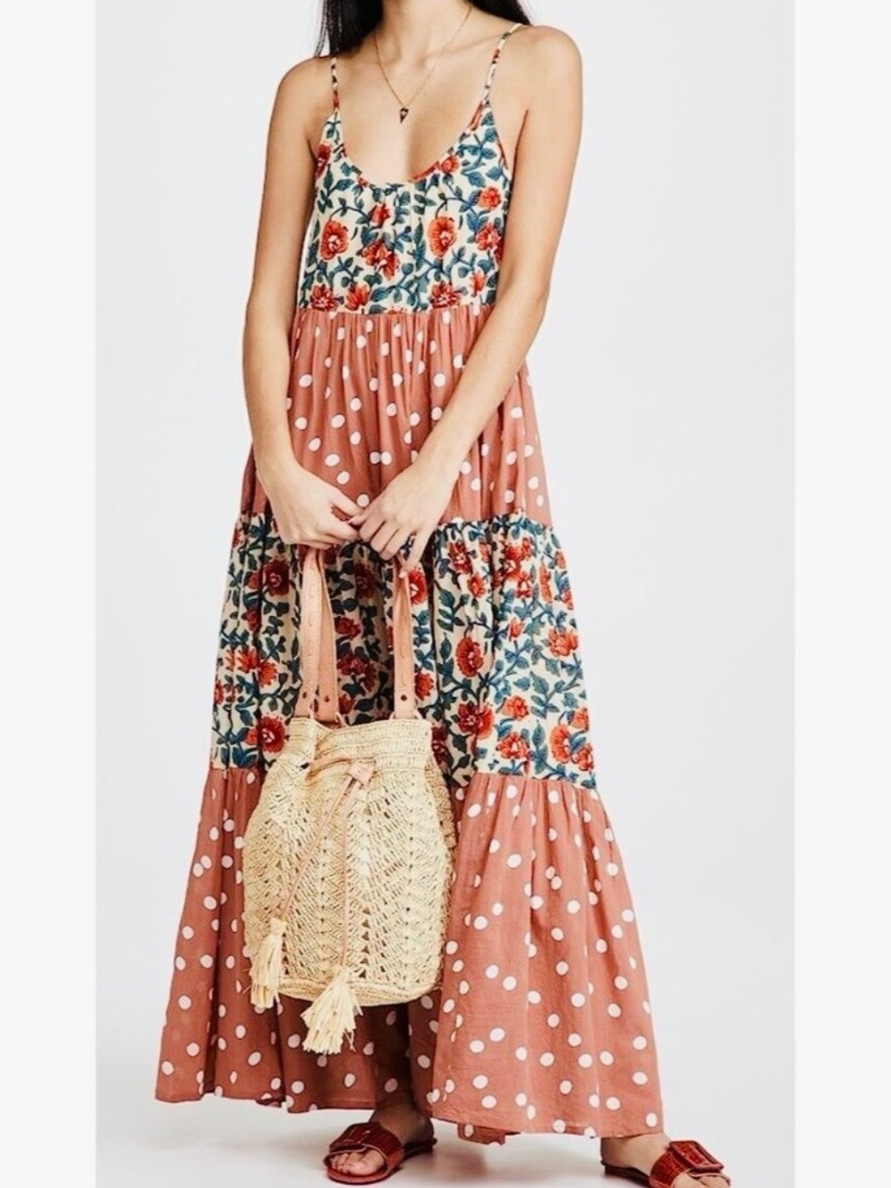 ROLLER RABBIT Dakota Rust & Teal Floral Polka Dot Tiered Maxi Dress 100% Cotton